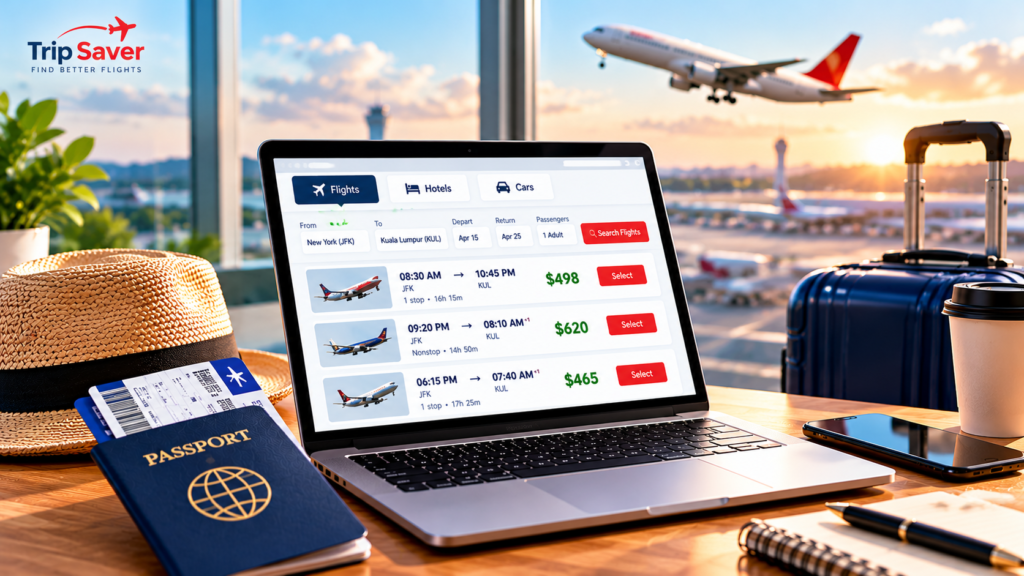 Traveler comparing flight deals online on a laptop at an airport lounge